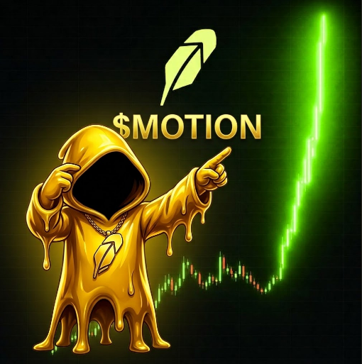 Crypto-themed artwork showing a gold hooded figure pointing toward a green upward candlestick chart with the '$MOTION' token logo and name displayed above.