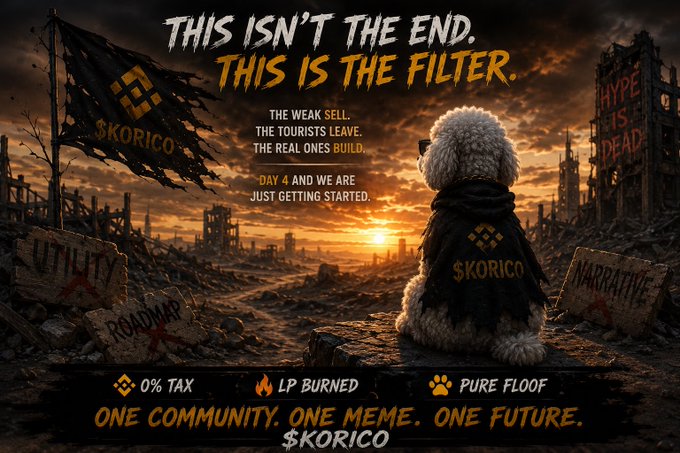 The image features a white dog sitting alone, looking out at an orange sunset with buildings in the background that appear to be destroyed or abandoned. The text above the dog reads "This isn't the end. This is the filter." Below this, there are several other texts related to the post, including one about a meme and another about a website called "Korico".