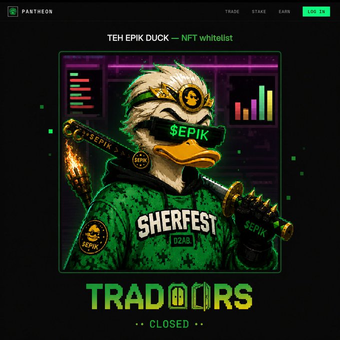 A Pantheon Exchange NFT whitelist landing page featuring 'TEH EPIK DUCK' artwork—a stylized duck wearing a $EPIK visor and green Sherfest hoodie, with 'TRADORS • CLOSED •' text indicating ended registration.