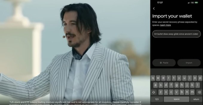 A split image showing a man in a white pinstripe suit (appearing to be a crypto/promotional figure) on the left, and on the right an "Import your wallet" screen displaying the seed phrase "fart bullet draw away glide since ancient crater" with a keyboard visible.