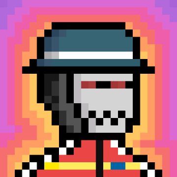 A pixel art portrait of a character with a gray skull-like face, wearing a teal hat and red jacket with a yellow belt, framed by a pink and orange glowing background.