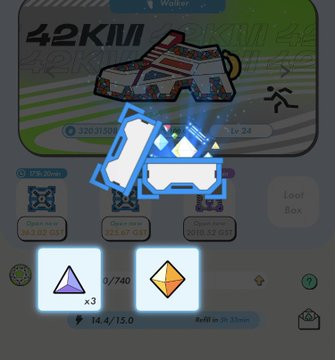 A StepN game screen showing a '42KM' running sneaker NFT with 'x3' sneaker enhancement and 'x1' gem sock items visible in the inventory.