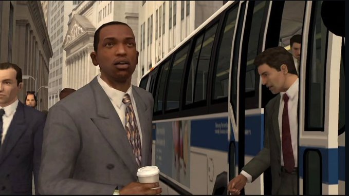 A 3D animated scene showing a Black man in a grey suit holding a coffee cup near a bus, with other passengers visible on a busy city street.