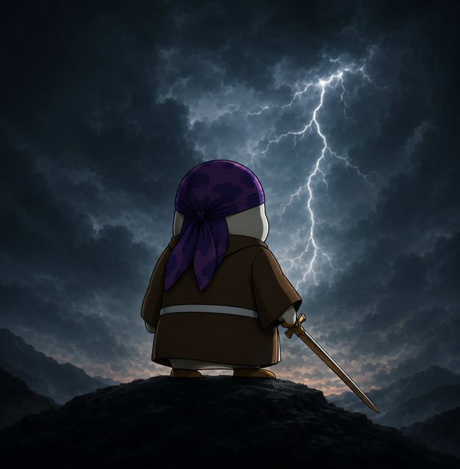 An animated illustration of a small character wearing a purple bandana and brown coat, holding a sword and standing on a rocky peak facing a stormy sky with lightning.