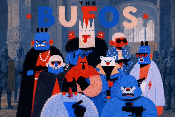 An illustration of a group of stylized characters in suits and masks under the bold text 'THE BUFOS', resembling a mock poster of a crew with a king in the center.