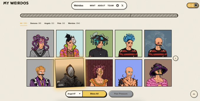 The image shows a digital gallery interface titled "MY WEIRDOS" displaying a collection of pixel-art character NFTs, with the highlighted "ANGEL #7" selected from 99 total Angels in the collection, alongside other categories like Demons (6), Pets (1), and Weirdos (54). The interface includes "Bless All" and "Peer Pressure" action buttons, illustrating the onchain influence mechanics where "initiator" weirdos like Angel #7 can catalyze actions within the digital society.
