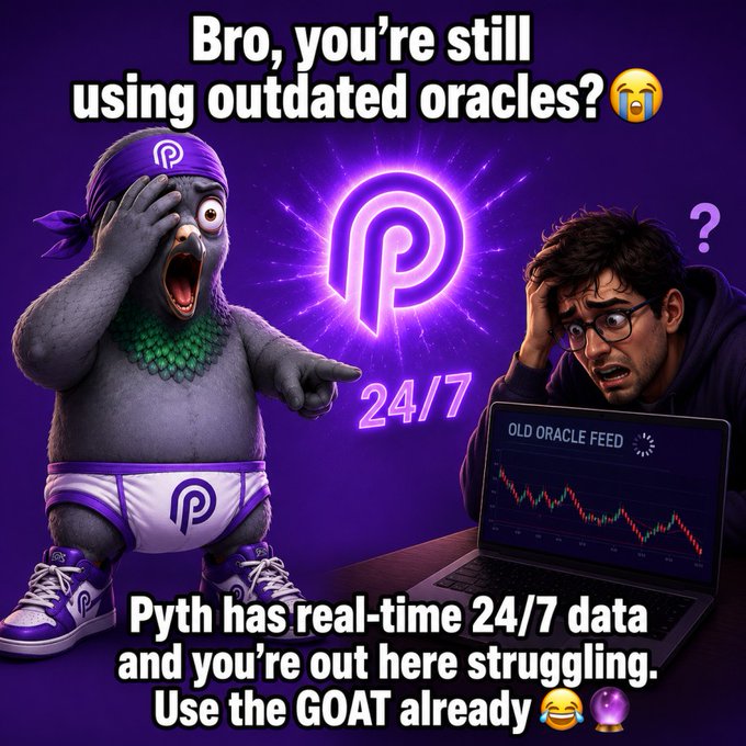 A shocked pigeon mascot in purple Pyth Network gear points and yells "Bro, you're still using outdated oracles?" at a confused man staring at a declining "OLD ORACLE FEED" chart, promoting Pyth's 24/7 real-time data with text declaring "Pyth has real-time 24/7 data and you're out here struggling. Use the GOAT already." The meme illustrates the post's message about Pyth's newly launched 24/7 Commodity Indices (BRENT, NATGAS, COPPER) as superior, continuous pricing compared to legacy oracle providers.