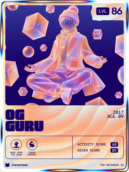 A holographic trading card-style graphic titled "OG GURU" from MetaMask's 10th anniversary retrospective, displaying "LVL 86" with stats like "ACTIVITY SCORE 68" and "DEGEN SCORE 05," featuring a meditating figure surrounded by floating crystals. The card visually represents the user's MetaMask loyalty profile shared in the post, matching their claimed LV86 status to celebrate MetaMask's 10-year milestone.