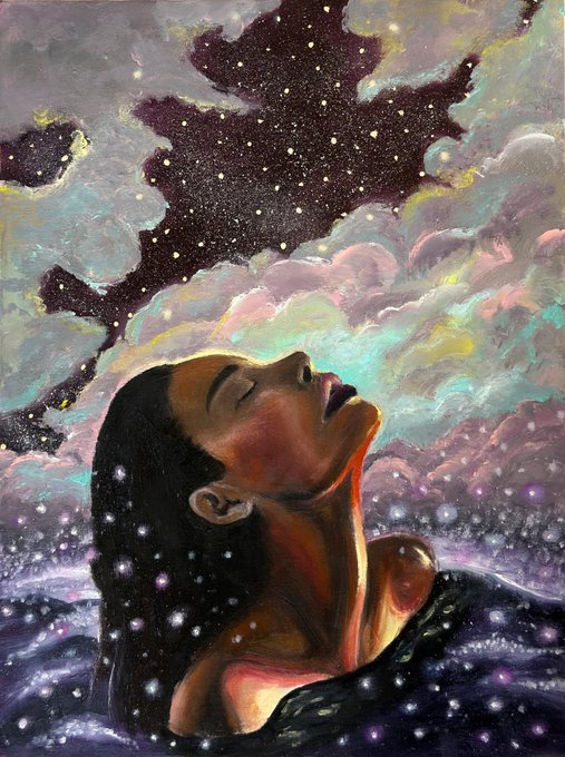 A painting depicts a Black woman with her head tilted back and eyes closed, emerging from dark, starry water beneath a vibrant, cosmic sky.