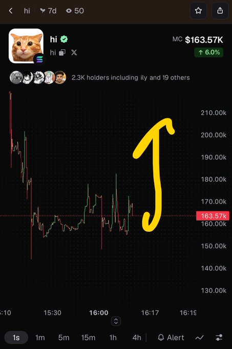 A cryptocurrency trading chart showing the token 'hi' at a market cap of $163.57K with a 6.0% increase, featuring a hand-drawn yellow upward arrow and a cat logo.