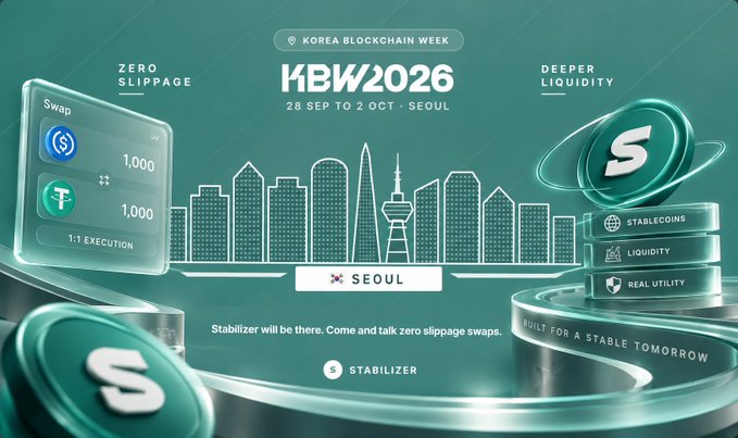 A promotional graphic for 'KBW2026 Korea Blockchain Week' (28 Sep to 2 Oct · Seoul) by Stabilizer, highlighting 'ZERO SLIPPAGE', 'DEEPER LIQUIDITY', a 1:1 swap interface, and a Seoul skyline against a teal background.