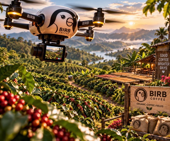 A promotional image for 'BIRB COFFEE' features a drone with a bird logo flying over a coffee plantation, with signs reading 'GOOD COFFEE BRIGHTER DAYS' and 'BIRB COFFEE ORGANIC COFFEE FIELDS.'