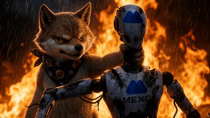 An anthropomorphic fox wearing a bandana stands menacingly in front of burning flames, gripping the head of a damaged humanoid robot bearing a blue 'M' logo and 'MEXC' text.