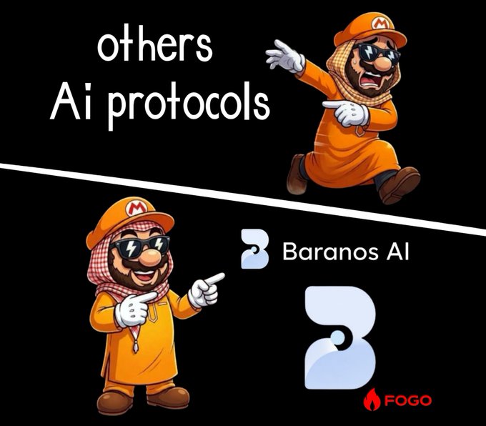 A meme comparing "others AI protocols" to "Baranos AI," featuring the latter's logo alongside the FOGO brand logo.