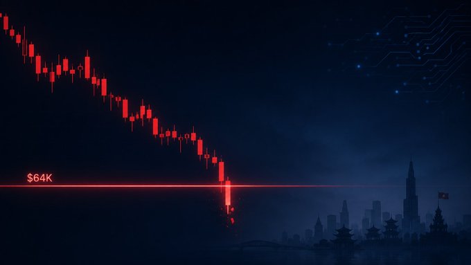A red candlestick chart depicts Bitcoin's sharp decline below the $64K mark on a dark, circuit-patterned background, visually reinforcing the morning brief's news of BTC's price slip and the looming CPI report. A cityscape silhouette in the lower right adds a somber backdrop to the bearish market sentiment described in the post.
