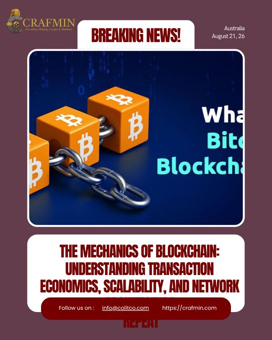 A promotional graphic for CRAFMIN mining company featuring a 'BREAKING NEWS!' banner, dated 'Australia August 21, 26', with headlines about the mechanics of blockchain and Bitcoin block rewards.