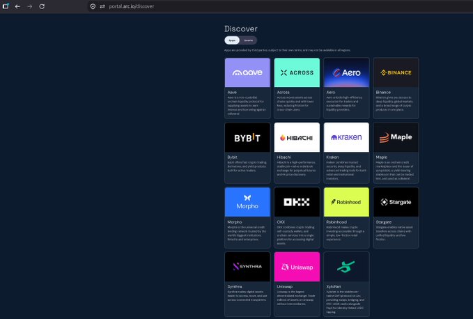 A screenshot of the portal.arc.io Discover page displaying various cryptocurrency platforms including Aave, Across, Aero, Binance, Bybit, Kraken, and others.