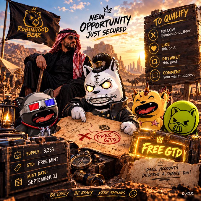 A promotional image for 'ROBINHOOD BEAR' featuring cartoon bear characters in a desert setting with a treasure map marked 'FREE GTD', instructions to 'FOLLOW @Robinhood_Bear', 'LIKE', 'RETWEET', and 'COMMENT your wallet address', with supply of 3,333 and mint date September 21.