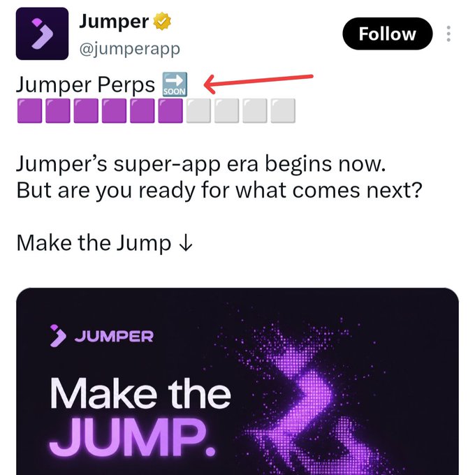 A screenshot of a verified X (Twitter) post from **Jumper (@jumperapp)** announcing "Jumper Perps" as "soon," accompanied by the text "Jumper's super-app era begins now. But are you ready for what comes next? Make the Jump," confirming the official launch teaser of Jumper Perps featured in the accompanying post.