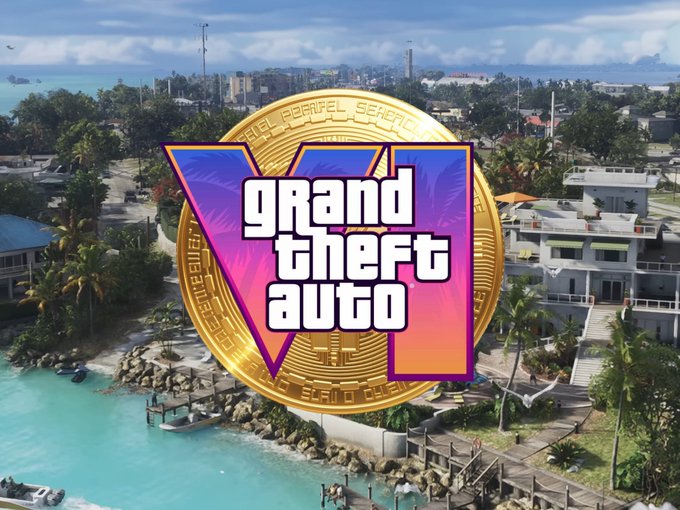 The 'grand theft auto VI' logo with a Roman numeral VI overlaid on a gold Bitcoin coin, set against a tropical island background resembling GTA VI promotional art.