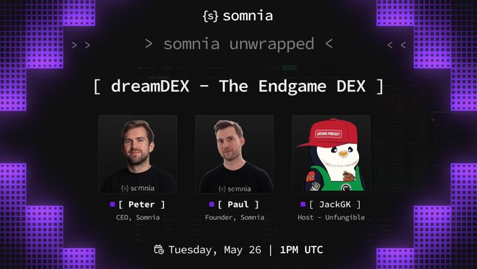The image shows a poster for a live streaming event featuring three cartoon characters, including a snowman wearing a red hat. The poster includes text that reads "We're going live in 1 hour to talk all things @dreamDEXSomnia". There is also information about the product team and their names on the poster.