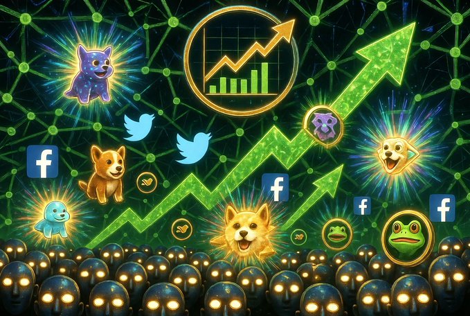 A vibrant illustration depicts glowing green upward arrows rising above a crowd of avatars, alongside logos for Facebook, Twitter, and various meme coins including the Shiba Inu dog, Pepe the Frog, and Pudgy Penguin, with a chart icon showing growth, visually representing the bullish anticipation surrounding upcoming altcoin token unlocks.