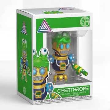 A boxed designer vinyl toy figure labeled 'CAERTHRONE' featuring a green frog-like character with blue glowing eyes, gold belt, and mechanical arms.