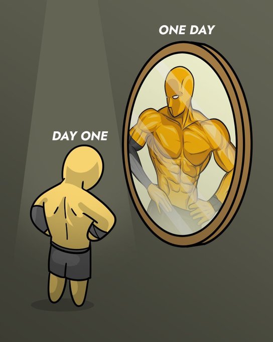 An illustration showing 'Day One' of a regular person looking into a mirror that reflects 'One Day' as a muscular, glowing golden figure in the style of One Punch Man.
