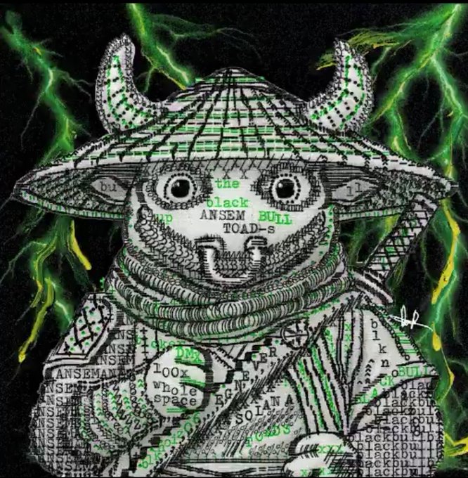 A digital artwork featuring a horned figure composed of text, with words like "the black" and "BULL" visible, set against a background of green lightning.