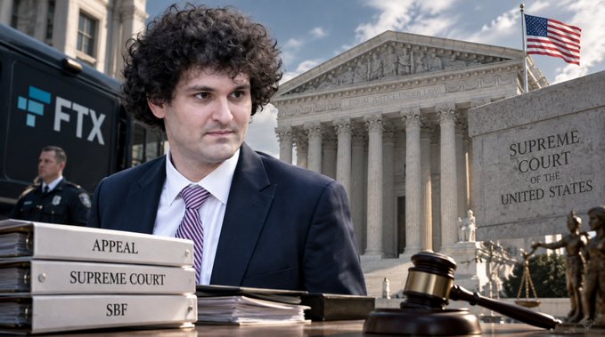 A composite image showing Sam Bankman-Fried (SBF) in a suit and tie, positioned in front of the U.S. Supreme Court building, with books labeled 'APPEAL', 'SUPREME COURT', and 'SBF' in the foreground.