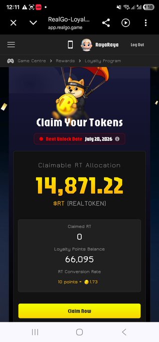 The image features an app called RealGo showing its progress within a game called TGE (Temerary Global Economy). The status of this app's blockchain states that there are 14,871 tokens available for purchase. These tokens have been priced at 0.01 units each, and the buyer has already spent 100 units on recharging their AR coin balance in the game. This implies that approximately 148 units were exchanged from the player to the app developer during gameplay. The post about claiming these tokens highlights how players can benefit from having access to real estate in this game.