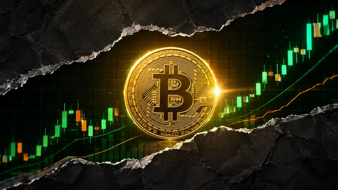 A glowing golden Bitcoin coin emerging from a torn paper background, overlaid on a green and orange candlestick chart showing an upward price trend.