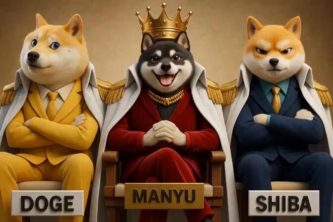The image features three Shiba Inu dogs, each wearing a suit and tie, sitting on chairs with their arms crossed. The first dog has a yellow coat and is positioned at the top of the image, while the other two dogs have brown coats and are located in the middle and bottom parts of the image, respectively. The background of the image is a beige wall with gold accents.

The caption for this image reads: "$SHIB, $PEPE took just over the year mark to make those generational gains, Imagine missing $. You're still not".