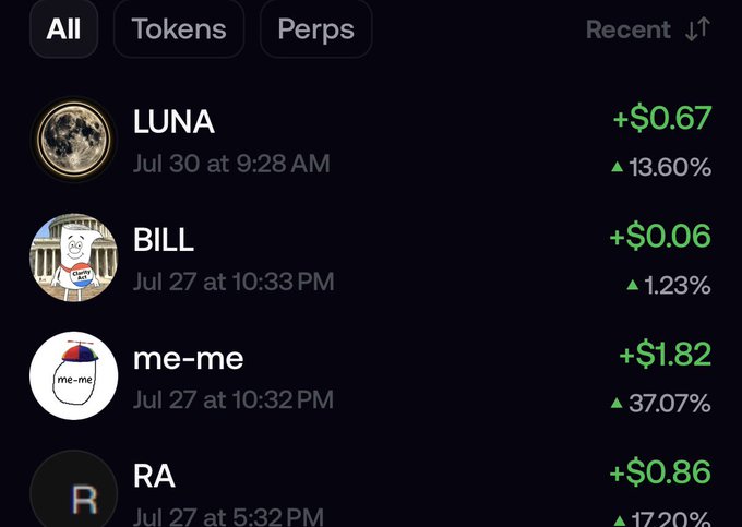 The image displays a recent trades feed on a crypto platform (appears to be FOMO or Pump.fun) showing four profitable trades: LUNA (+$0.67, 13.60%), BILL (+$0.06, 1.23%), me-me (+$1.82, 37.07%), and RA (+$0.86, 17.20%), all marked with green up arrows indicating gains. The post appears to be showcasing these successful trades as proof of trading skill, likely to request similar promotional deals or recognition from Pump.fun.