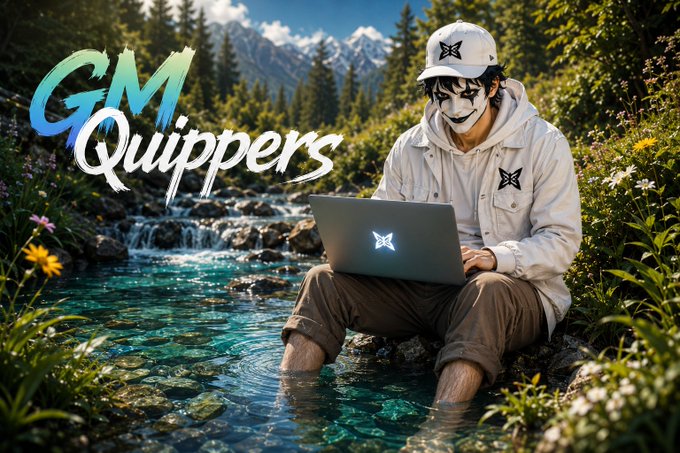 An illustration showing a person in a white mask and hoodie using a laptop while sitting in a stream, with 'GM Quippers' text displayed.