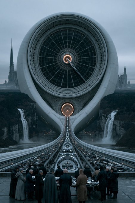 A group of people in dark clothing stands in the foreground, looking toward a massive, futuristic structure shaped like a giant clock face and a ring. The scale-defying architecture features waterfalls, a long pathway, and distant gothic spires under a gloomy sky.