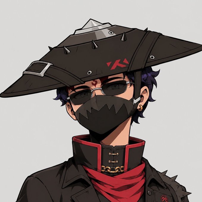 An anime-style illustration of a male character wearing a wide, spiked black hat, dark sunglasses, a jagged black face mask, and a black jacket with red accents.