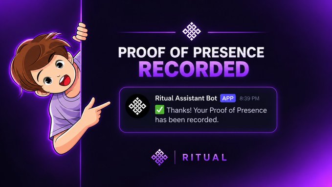 A promotional graphic for 'Ritual' showing a cartoon boy peeking from the side, announcing 'PROOF OF PRESENCE RECORDED' with a Discord message from Ritual Assistant Bot.