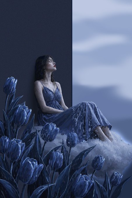 A melancholy digital painting from the "All the Blue I Carry" NFT series by TransientLabs, depicting a woman in a flowing blue dress sitting contemplatively among blue tulips—a visual embodiment of the accompanying poetic words about unexpressed love and embracing sadness.