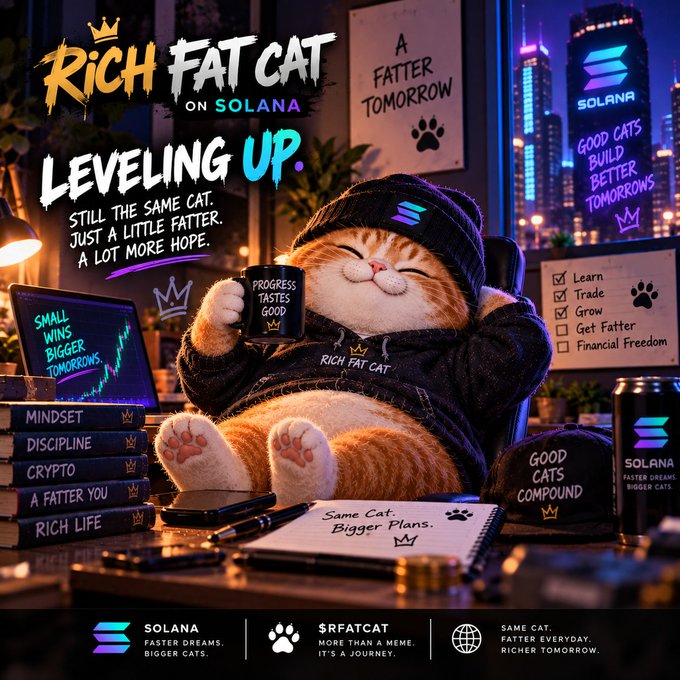 Promotional artwork for 'Rich Fat Cat on Solana' featuring a chubby orange cat in a hoodie and beanie holding a coffee mug, with the tagline 'Leveling Up. Still the same cat. Just a little fatter. A lot more hope.' and 'SRFATCAT' branding.