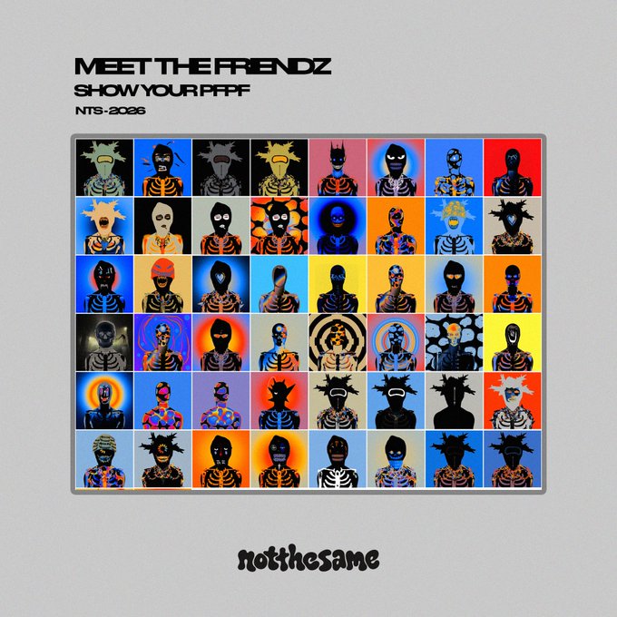 Album or single cover art titled 'MEET THE FRENDZ - SHOW YPUR PPPF - NTS-2026' features a grid of colorful, stylized skeleton and character portraits with the text 'not the same' at the bottom.