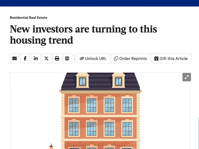 A webpage headline reads "New investors are turning to this housing trend" under the "Residential Real Estate" category, featuring an illustration of a multi-story orange building—visually reinforcing the article's theme of alternative real estate investment strategies like house hacking mentioned in the post.