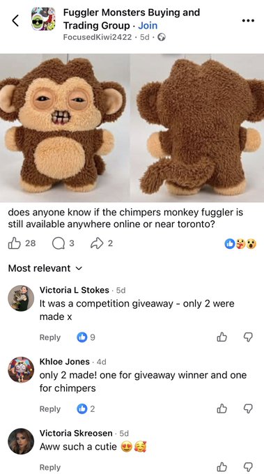 A Facebook post in the 'Fuggler Monsters Buying and Trading Group' asking about the 'Chimpers Monkey' Fuggler, with replies confirming only 2 were made as a competition giveaway.