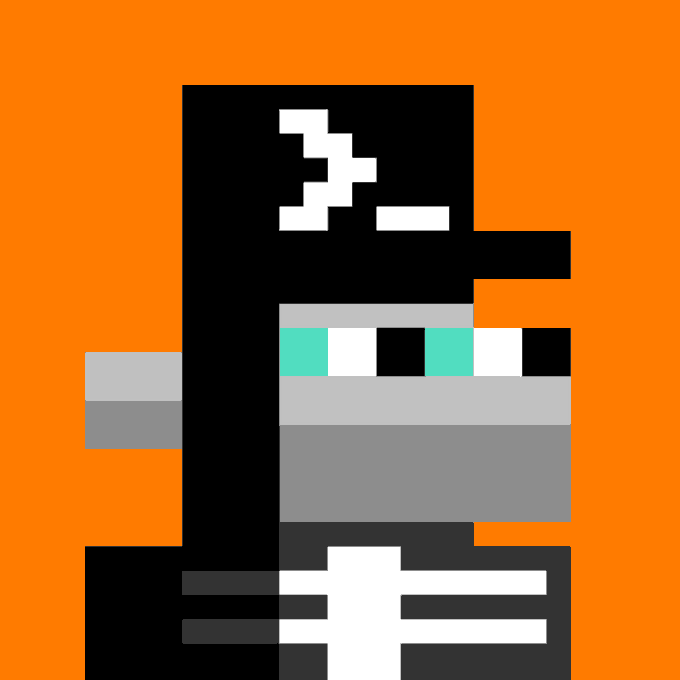 A pixel art character with a black helmet/headpiece, cyan eyes, and a skull design on its lower body against an orange background.