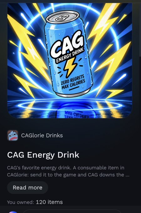 A promotional image for 'CAG Energy Drink' by CAGlorie Drinks, featuring a blue can with lightning graphics and the tagline 'Zero Regrets Max Calories'.