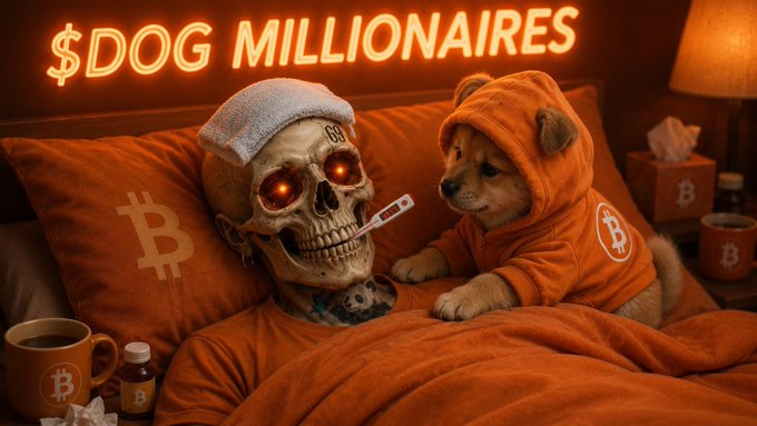 The image features a man lying down with a dog wearing an orange hoodie, both of them resting together on a bed. The caption for the image reads "Good evening $DOG Army!! NO $DOG MILLIONAIRES Show tonight. I’m in bed recovering from a fever We’ll be back next Thursday!".