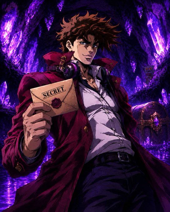 An anime-style illustration of a man with brown hair holding a sealed envelope marked 'SECRET' in a purple crystal cave, wearing a red coat and headphones around his neck.