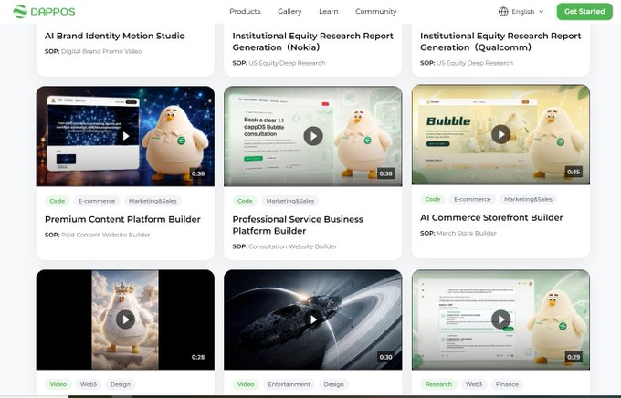 A screenshot of the 'DappOS' website gallery displaying various AI-powered website building products, including 'AI Brand Identity Motion Studio' and 'Premium Content Platform Builder,' categorized by tags like Code, E-commerce, and Marketing & Sales.