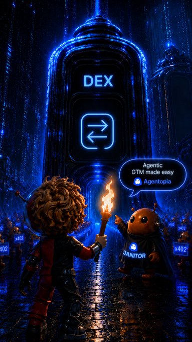 A Playmobil-style figure holding a torch faces a hooded character labeled "JANITOR" in a futuristic blue-lit setting featuring a glowing "DEX" sign and speech bubbles reading "Agentic GTM made easy" and "Agentopia," symbolizing the quest of new DEX builders seeking early traction, incentives, and automated feedback loops before a project's mainnet launch.