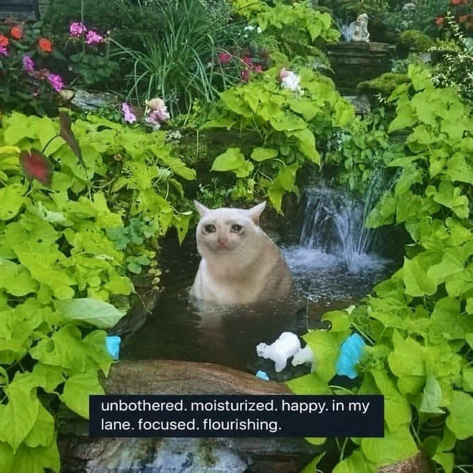 A serene white cat sits peacefully in a small garden pond beside a miniature waterfall, surrounded by lush greenery and tiny frog figurines, with the caption "unbothered. moisturized. happy. in my lane. focused. flourishing." appearing at the bottom—perfectly illustrating the post's message of "drink water. stay focused." through the cat's calm, hydrated composure.